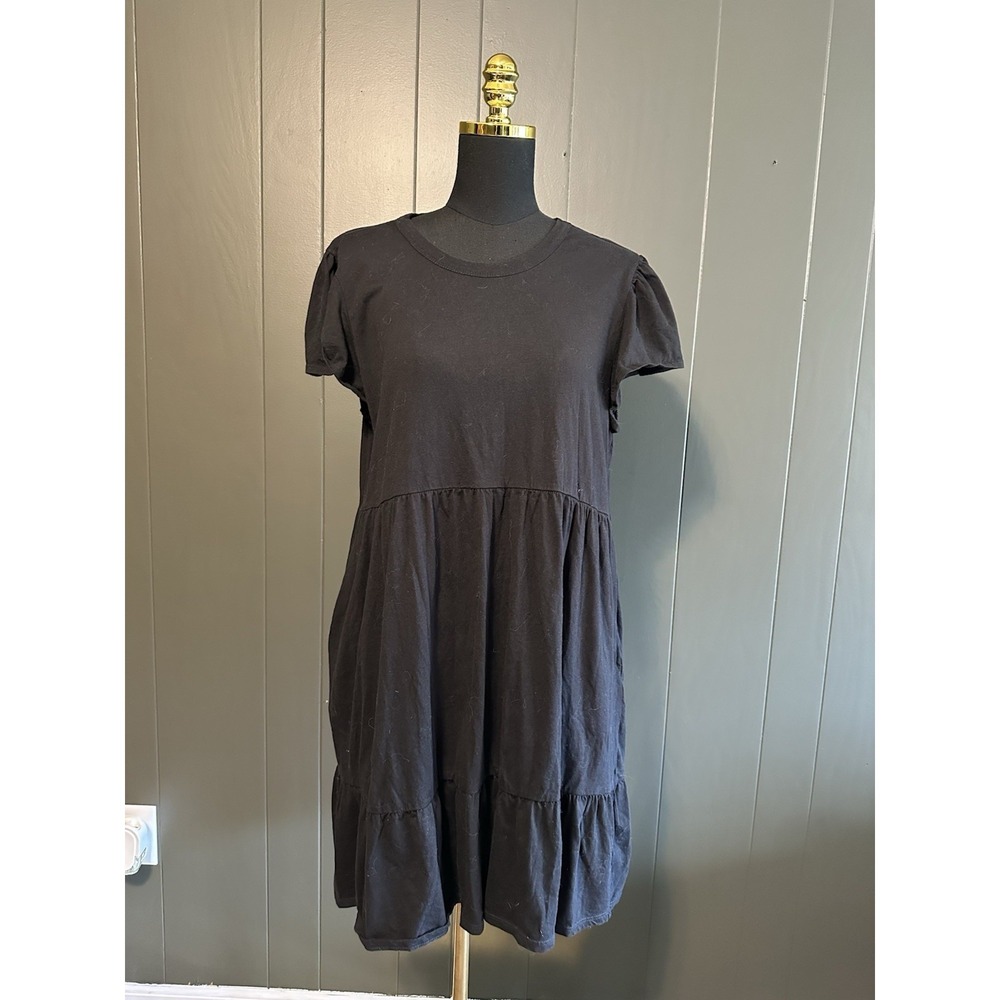 Time & Tru Black Babydoll Tiered Short Sleeve Dress L Large